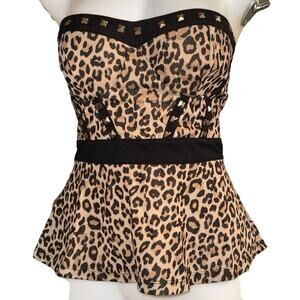 Vintage Y2K Leopard Print Studded Bustier Strapless Tube Top Retro Boho Goth MED
